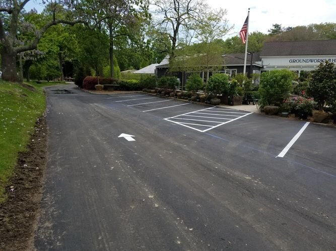 A parking lot with trees and bushes in the background.