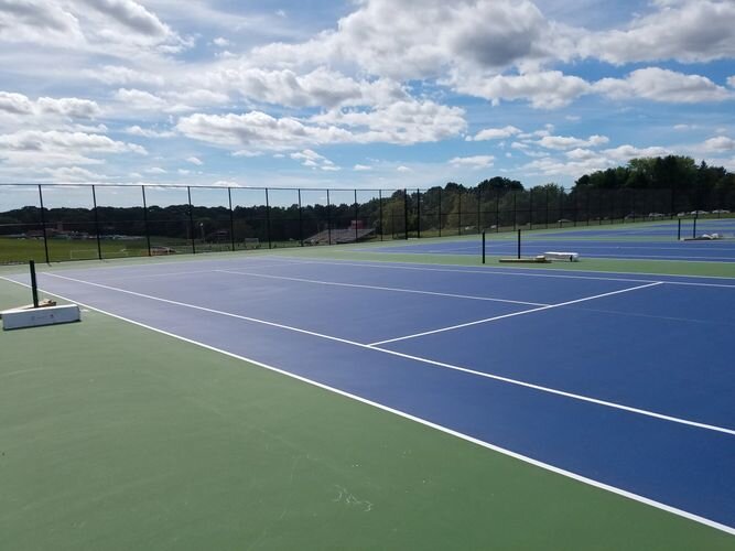 A tennis court with two different colors of blue and green.