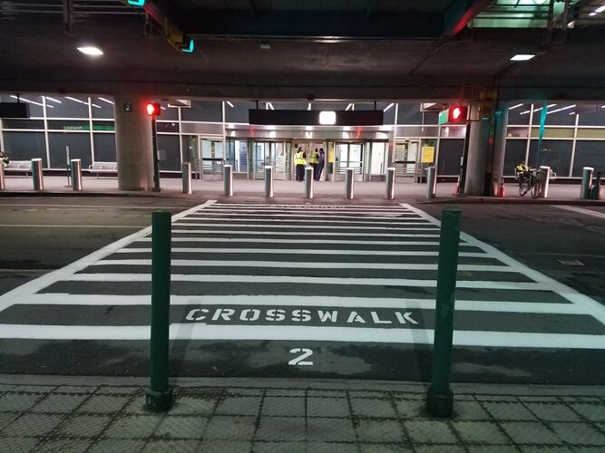 A crosswalk with two green poles and one red light.