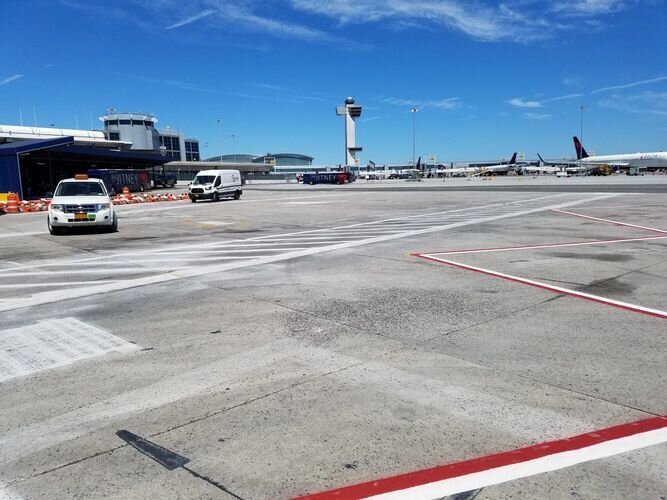 A view of an airport from the tarmac.